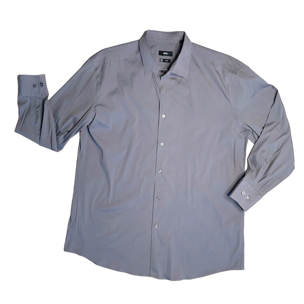 BOSS HUGO BOSS Gray Slim Fit Long Sleeve Button Front Dress Shirt Size 18 Neck